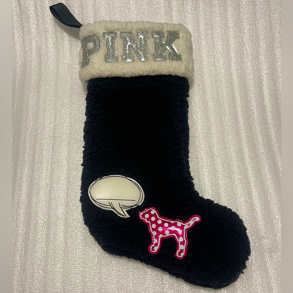 Victoria’s Secret PINK Holiday Stocking – Black & White Puppy Dog w/ Quote 🎄✨